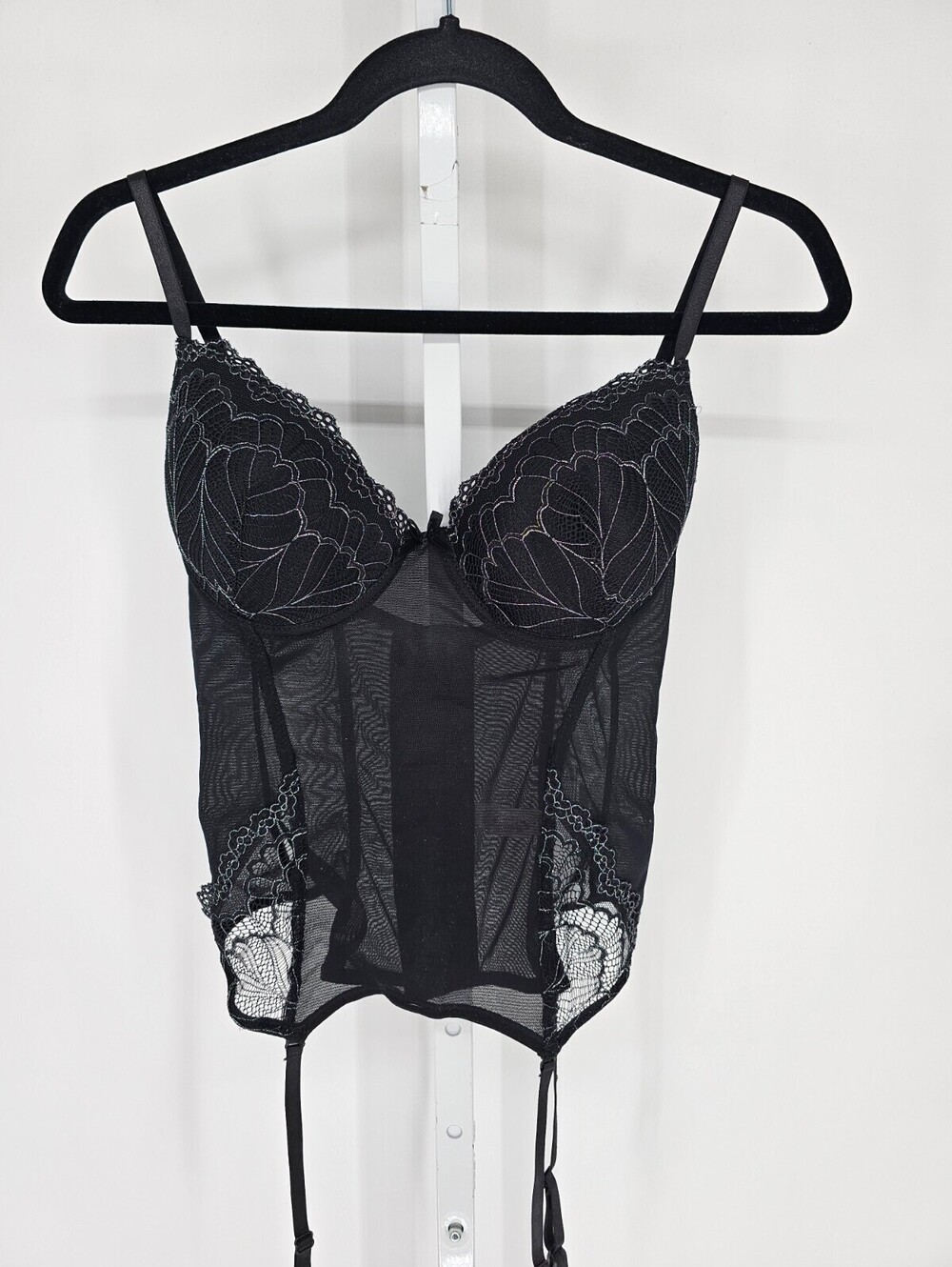 Vintage Y2K Fantasy Lingerie Womens Sz S/M Sheer Mesh Corset Nightie Top Black
